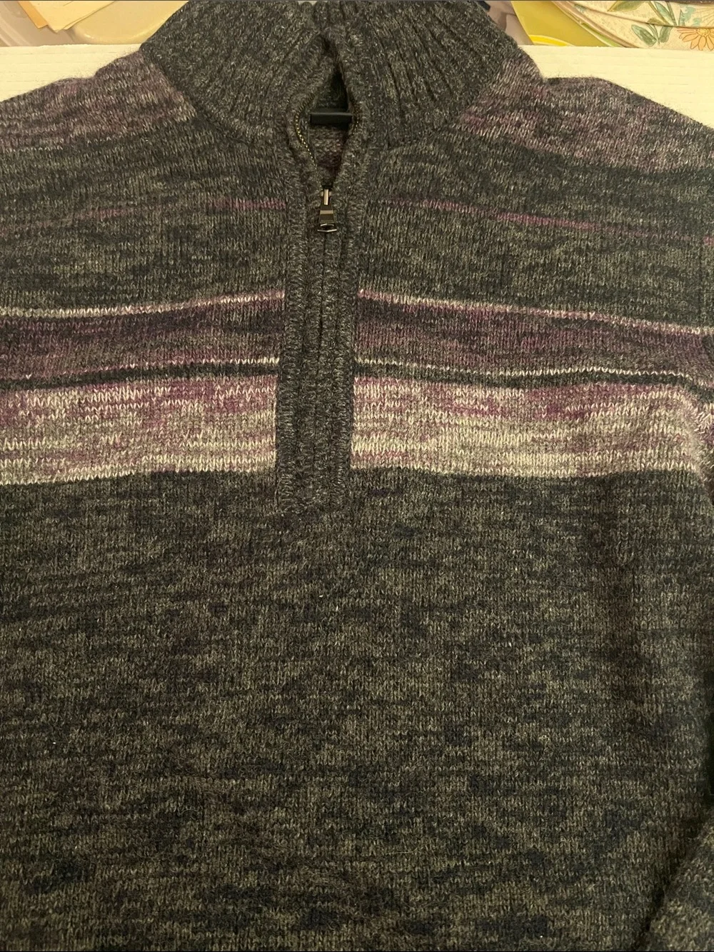 Banana Republic Men's Charcoal Zip-Neck Sweater with Purple Stripe